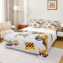 Feelyou Tractor Truck Bed Sheets for Teen, Cartoon Excavator King Sheets, Construction Vehicle Sheet Set, Luxury Bedroom Decor, 4-Piece