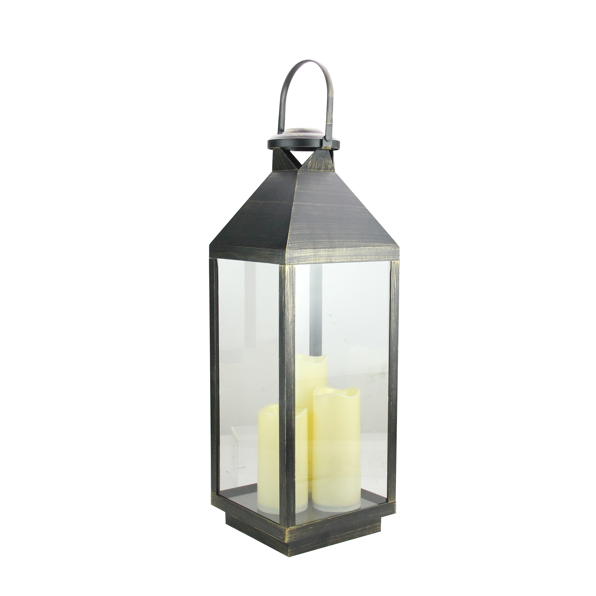 24" Large Gold Brushed Black Candle Lantern with Flameless LED Candles