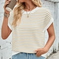thumbnail image 5 of Elvqul Womens Tops Beige Holiday Sweater Stripe Print Cotton Juniors Round Neck Short Sleeve Pullover Tops, 5 of 7