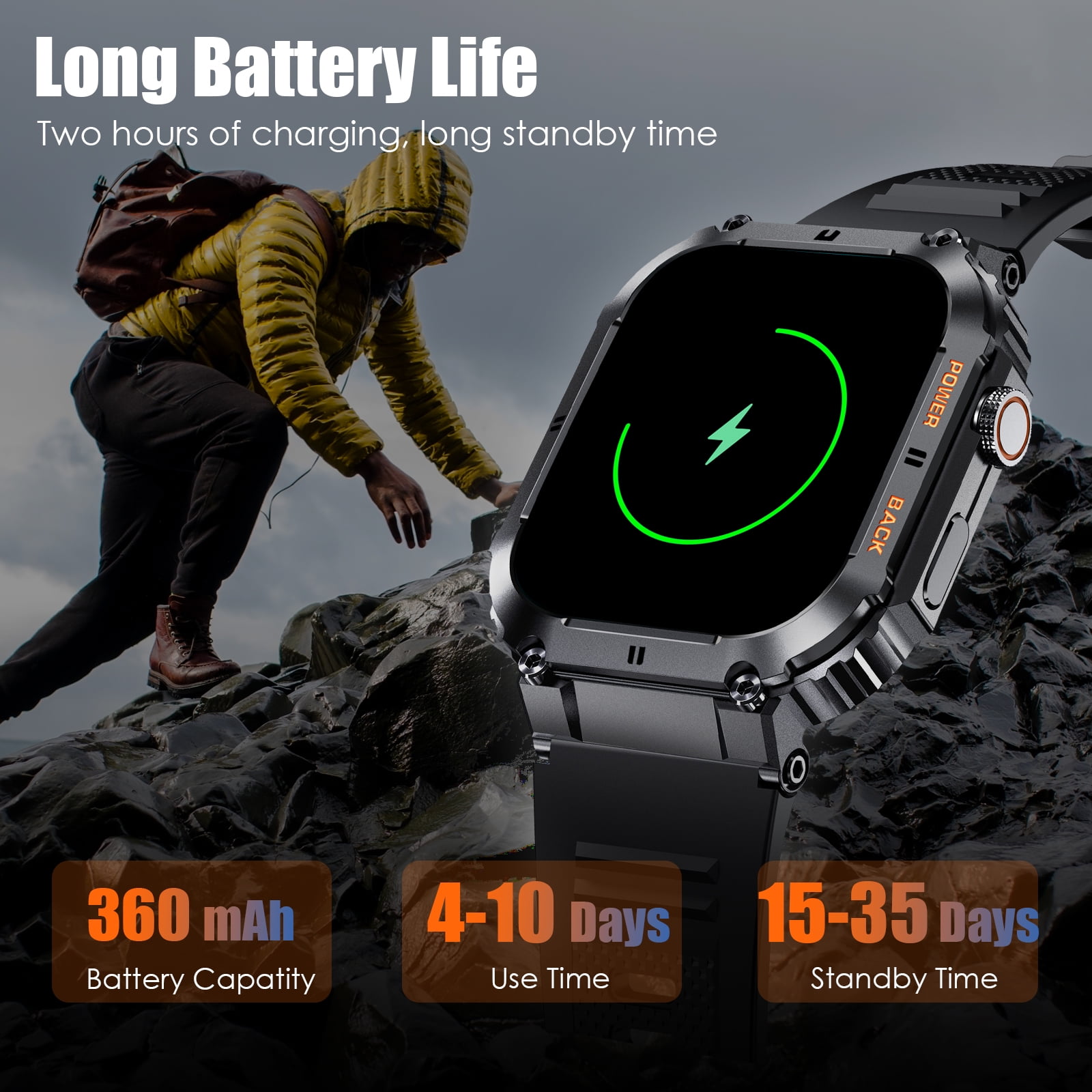 EIGIIS Smart Watch for Men 1.96" HD Big Screen Rugged Outdoor Waterproof Sports Watch Weather Step Counter Fitness Tracker Smartwatch for iOS Android Phones