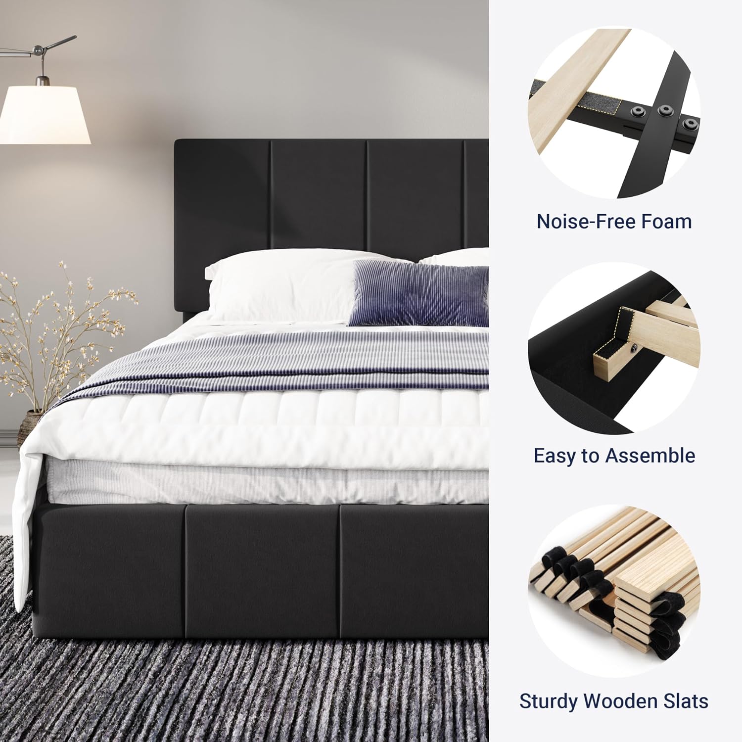 Allewie Queen Size Dutch Velvet Upholstered Platform Bed Frame/Vertical Channel Tufted Adjustable Headboard/Low Profile Bed Frame/No Box Spring Needed/Easy Assembly/Black