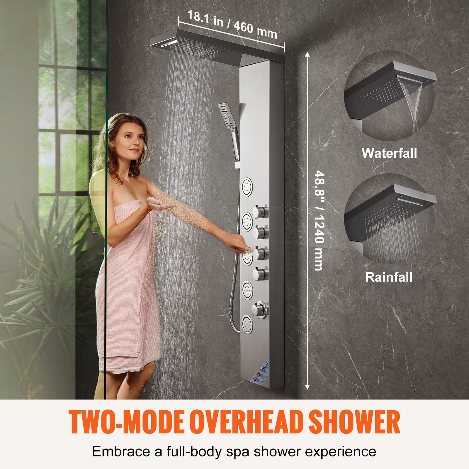 SKYSHALO Shower Panel Tower System Stainless Steel 4 Modes Rainfall Waterfall Jets