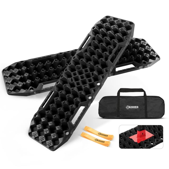BUNKER INDUST Off-Road Traction Boards with Jack Base,Pair Recovery Tracks 4X4 Jeep Truck Tire Traction Mat with Bag-Sand,Mud, Snow Ladder Ramps(Black)