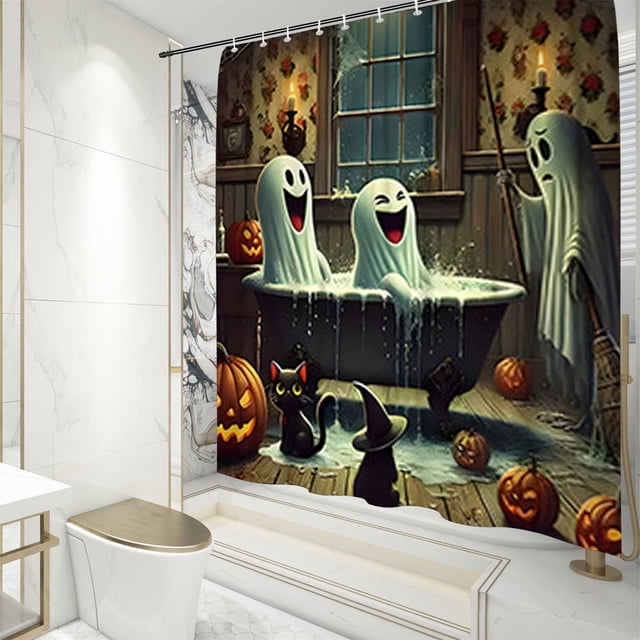 Halloween Shower Curtain Set Halloween Bathroom Curtain Set Shower Curtain Pumpkin Shower Curtain Set With Non Slip Rugs Toilet Lid Cover And Bath Mat