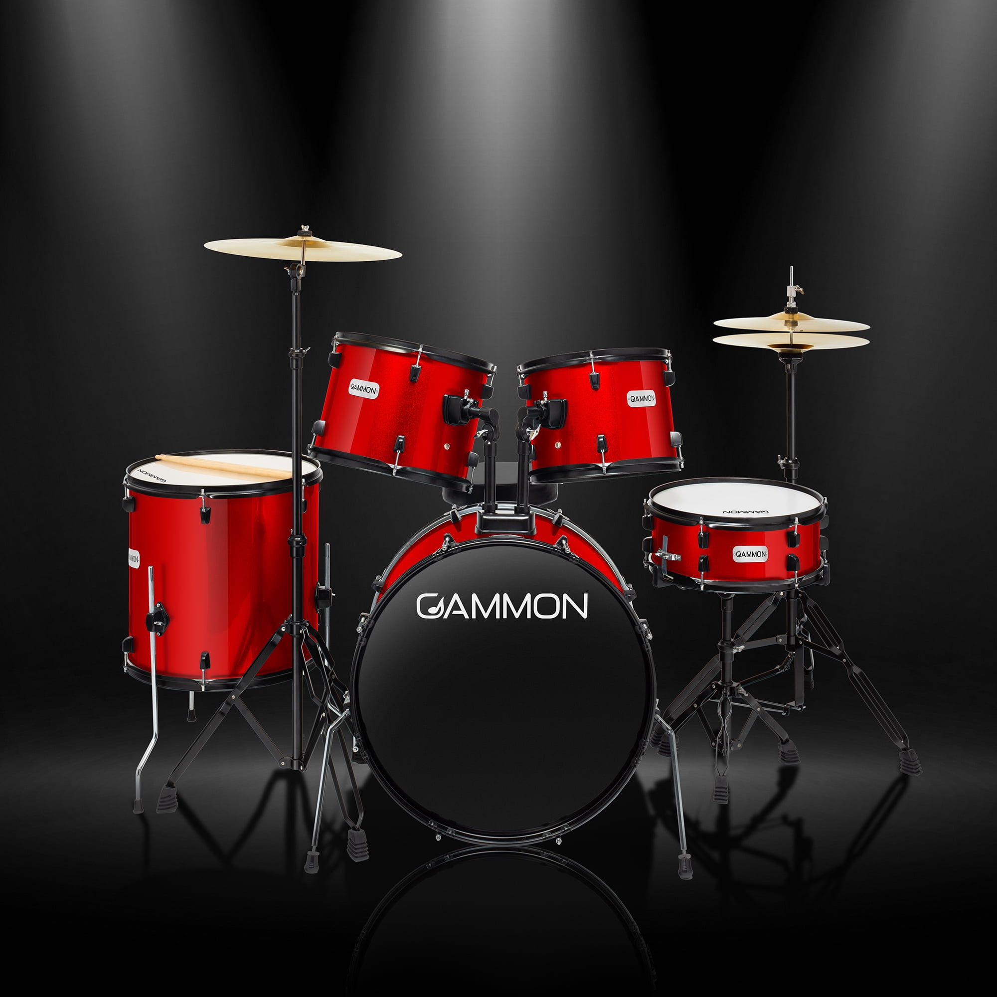 Gammon Percussion 5pc Adult Drum Set - Full Size Beginner Kit w/ Stool & Stands - Red