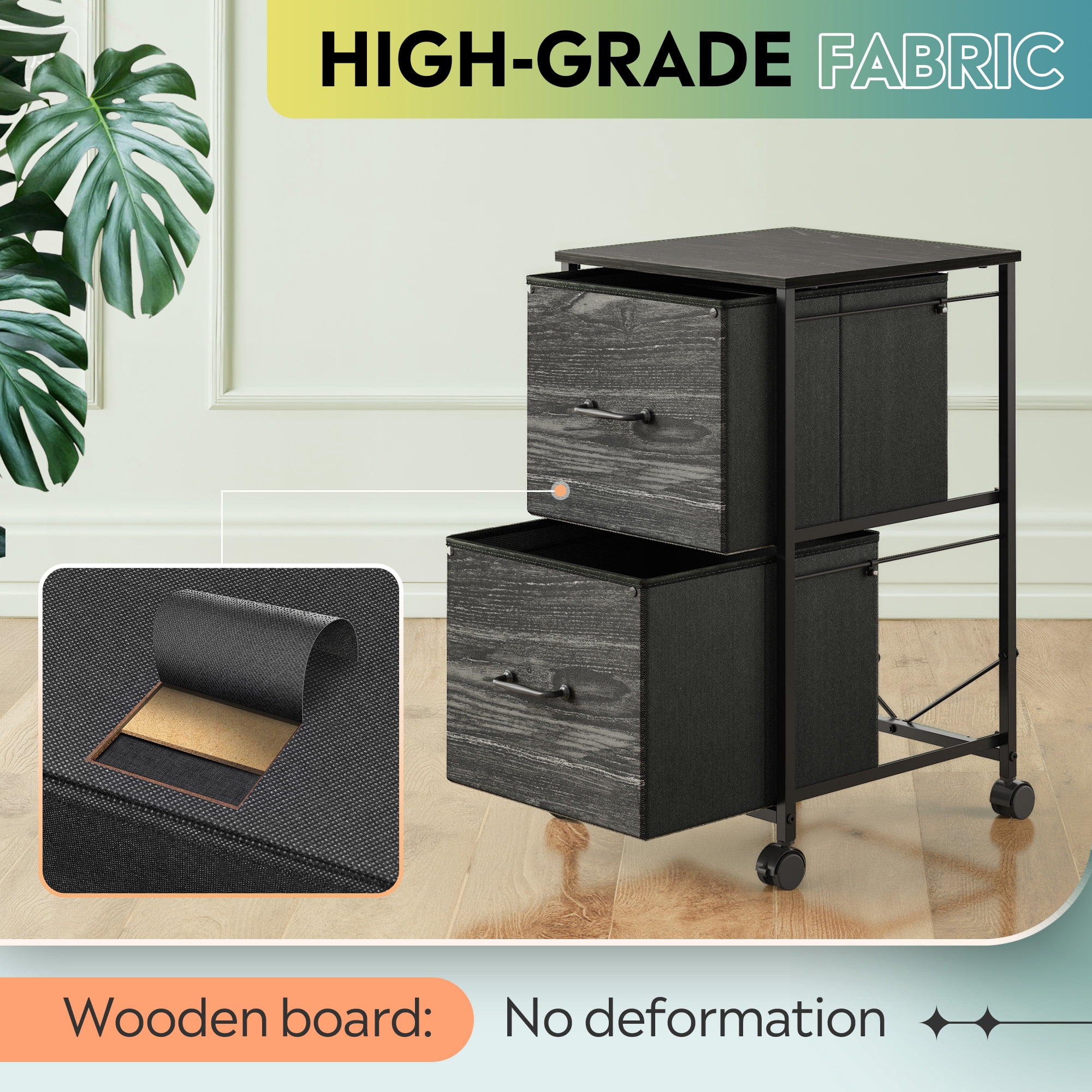 GALAXHERO 2 Drawer File Cabinet, Rolling Printer Stand Filing Cabinets for Home Office, Fabric Vertical File Cabinet Fits A4 or Letter Size,Charcoal Black Wood Grain Print