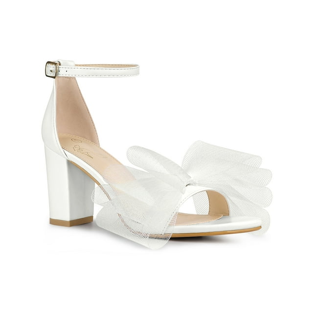 BLISSFUL STEP Style Sandales à Talon Bloc Haut pour Femme à Brides avec Nœud Papillon Blanches 9,5