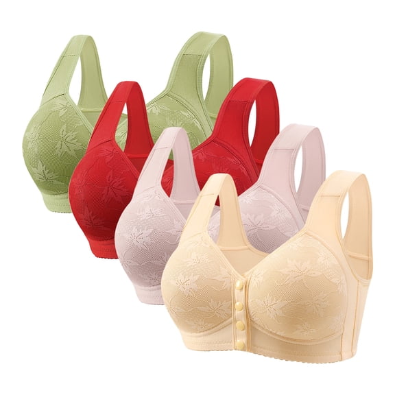 dazeni 4 Pack Daisy Bras for Older Women Front Closure Push up Bra No Underwire Senior Bra with Snaps 2025 Upgraded Everyday Wirefree Comfortable Sleep Bras