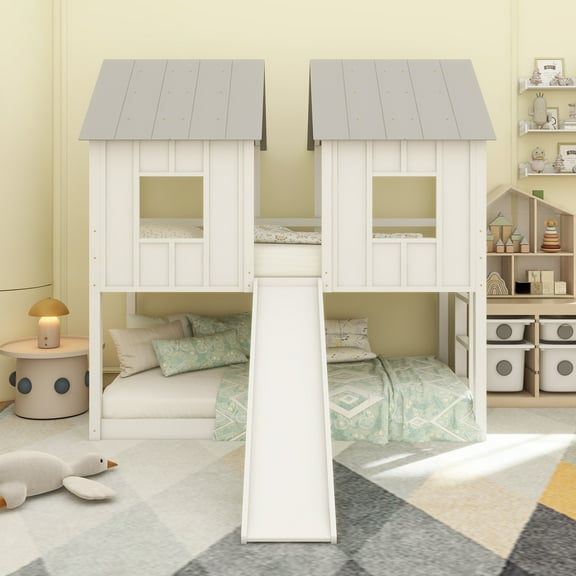 Twin over Twin House Bunk Bed with Slide and Windows,White