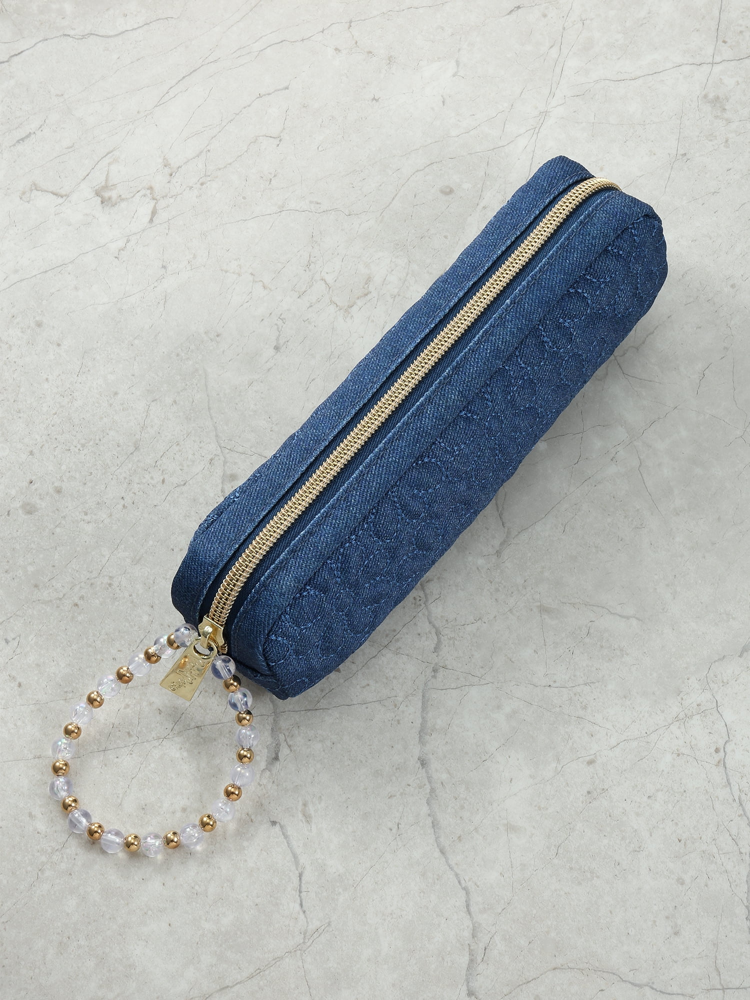 Packed Party Women's Daisy Denim Pencil Pouch with Beaded Strap in Blue