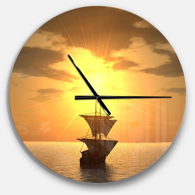 DesignArt Horloge Murale Grande Navire et Coucher de Soleil