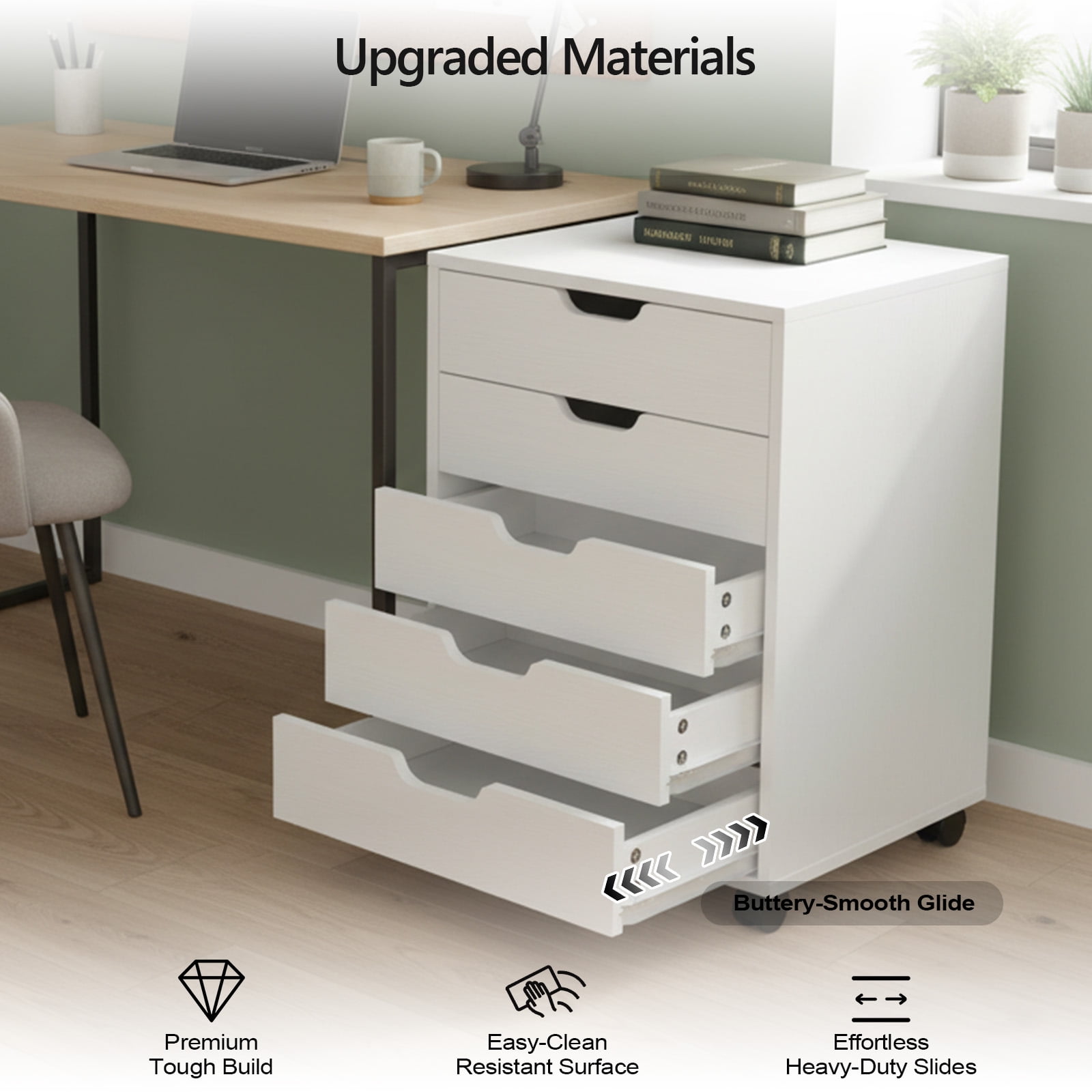Ktaxon Mobile 5 Drawer File Cabinet Rolling Storage Cart Wood File Cabinet with Wheels, White