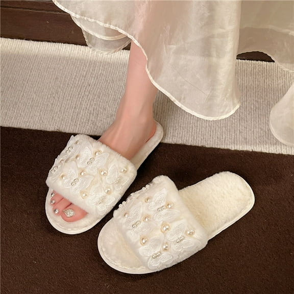 Viluyesy Womens Fuzzy Slide Slippers, Soft Warm Fashion Pearls Open Toe Memory Foam Slip On House Slipper White