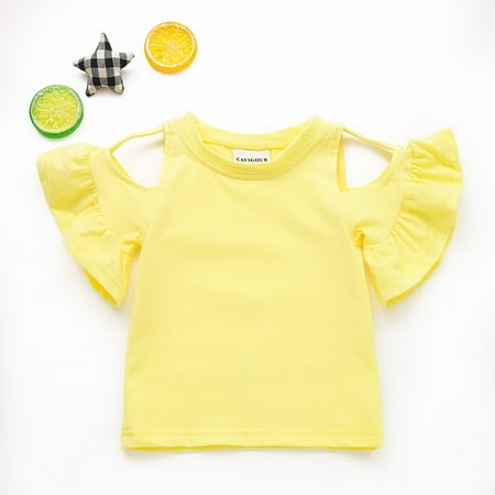 

THE WILD Baby Kids Girl Ruffle Sleeve Off Shoulder Solid Color Cotton Tops Blouse