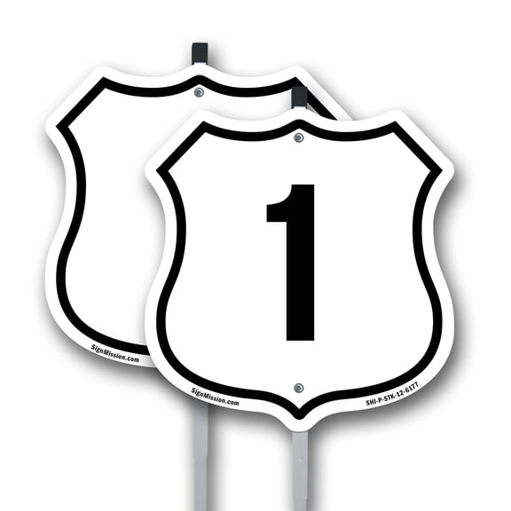 Number 1 (2 Pack) 12 inch X 12 inch Shield Shaped Commercial Grade Plastic Signs with Aluminum Mounting Stakes Weather Resistant Made in the USA