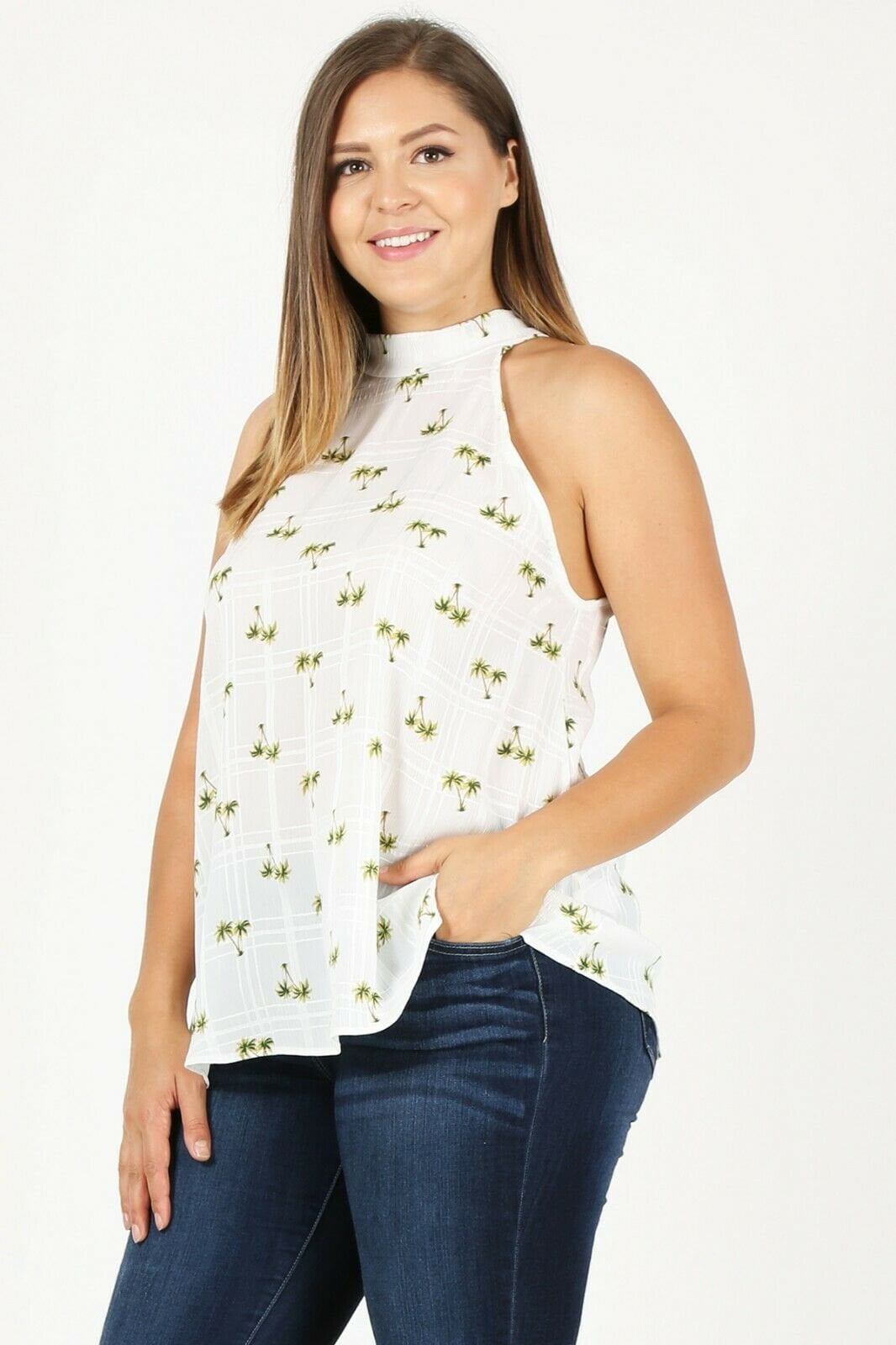 House Of Tory - Women Plus Size Fashion SLEEVELESS Mock neck blouse PALM TREE TANK 1XL 2XL 3XL 