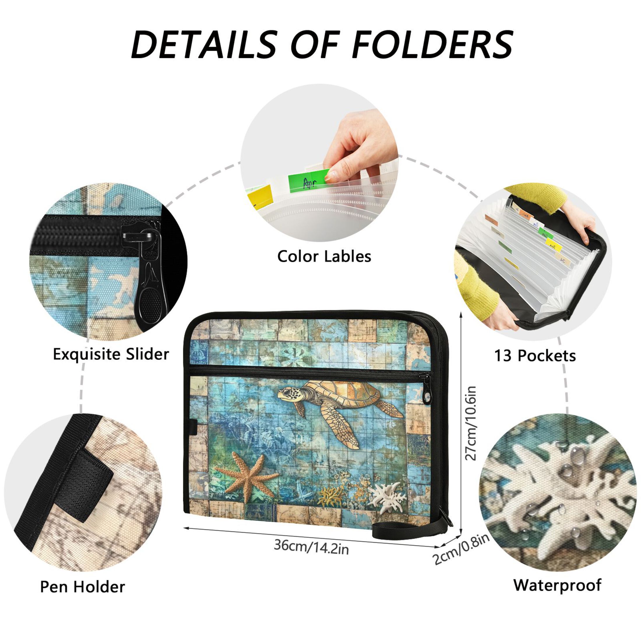 WOBOGO Turtle Coral Figure Expanding File Folder Letter Size Accordion Filing Organizer 13 Pocket Separate Organ Pocket
