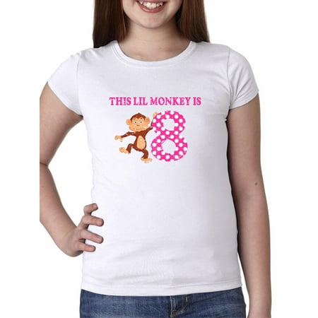Pink Little Monkey is 8 - Birthday Cute Gift Girl's Cotton Youth T-Shirt