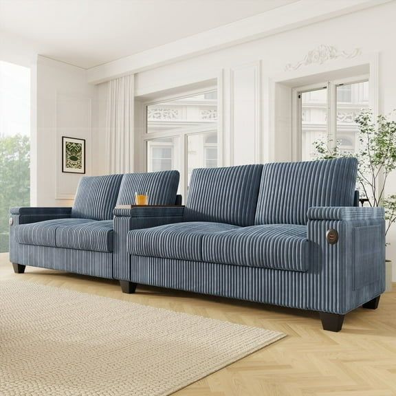 4-seater Corduroy Sofa with USB & Storage - Blue
