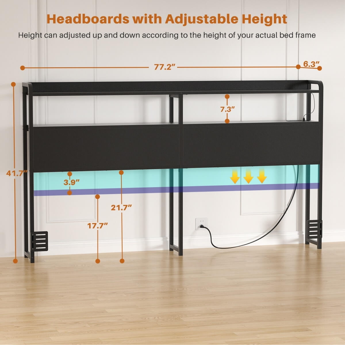 Homieasy Headboard for King Size Bed Frame, Headboards with Outlets, USB Ports and LED Light, Head Board with Storage, Height Adjustable, Sturdy and Stable Headboard, Black