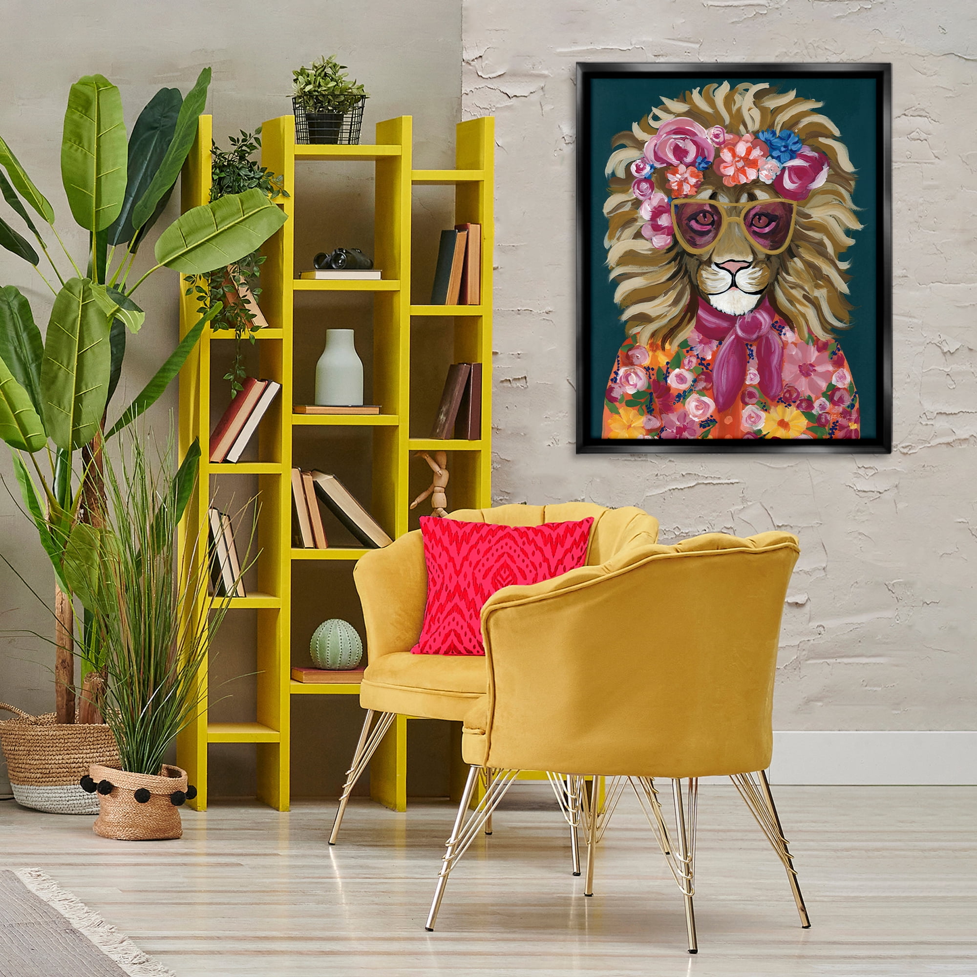 Stupell Industries Miami Living Lion Animals Painting Black Floater Framed Canvas Art Print Wall Art, 25 x 31