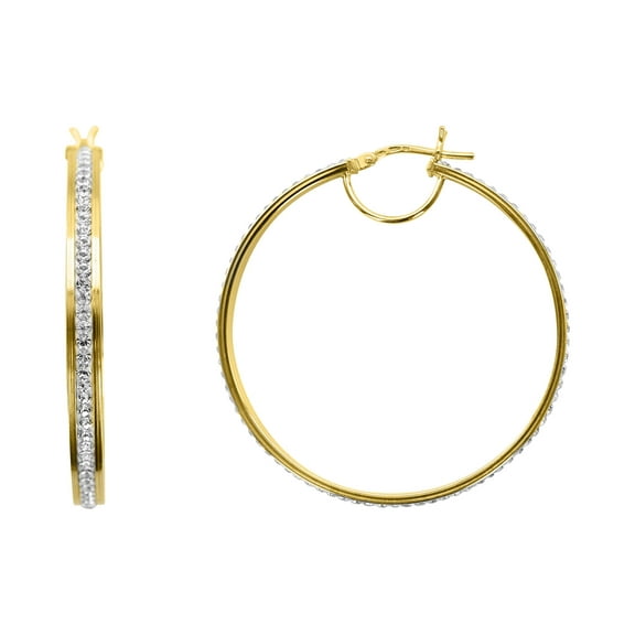 Brilliance Fine Jewelry 14K Gold Plated Sterling Silver Classic Crystal Round Hoop Adults Earring