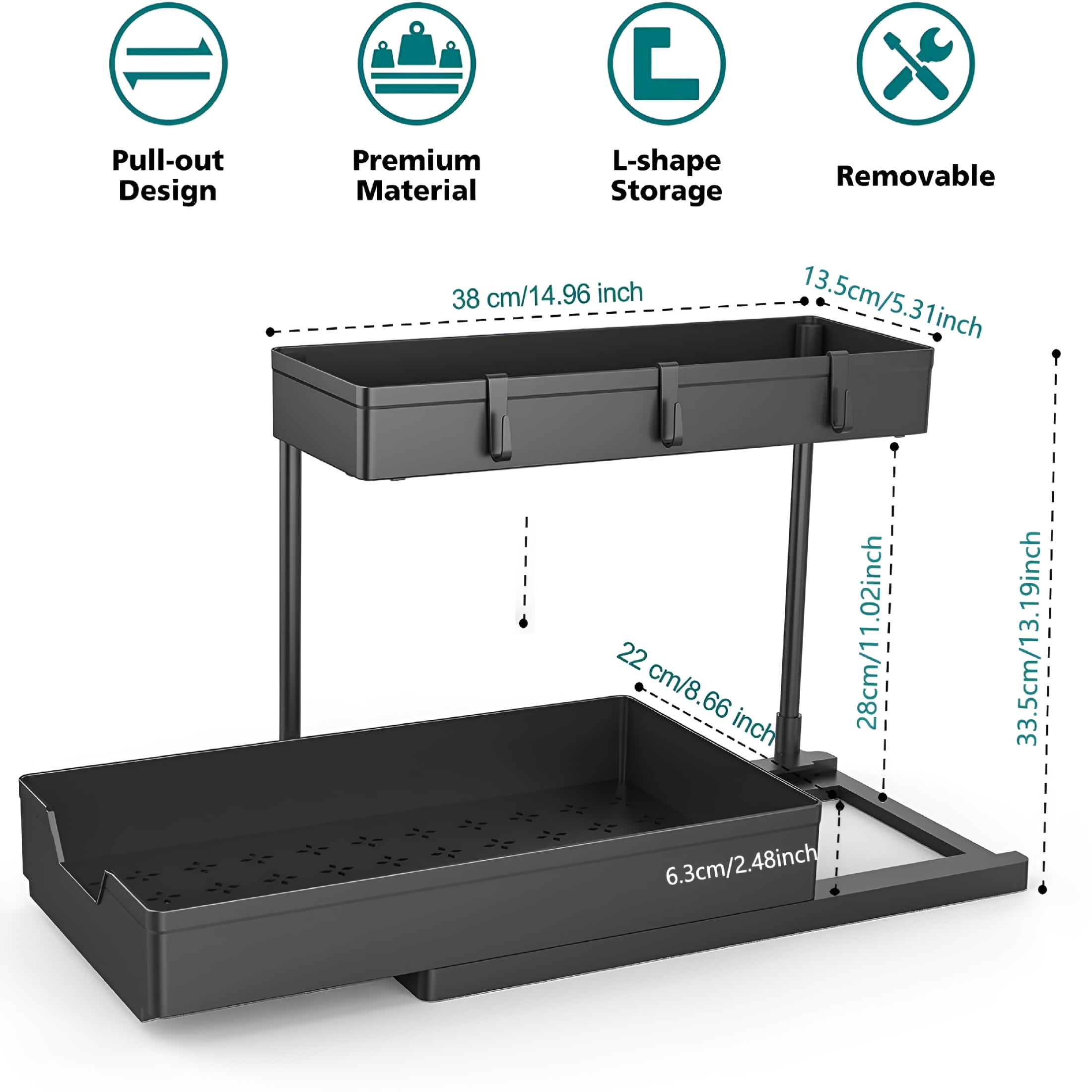 XIBUFE 2-Pack Under Sink Organizer Storage,2 Tier L-Shape Multi-Purpose Large Capacity Kitchen Under Sink Organizers for Narrow Space Easy Access Sliding Storage Drawer with Hangers for Bathroom