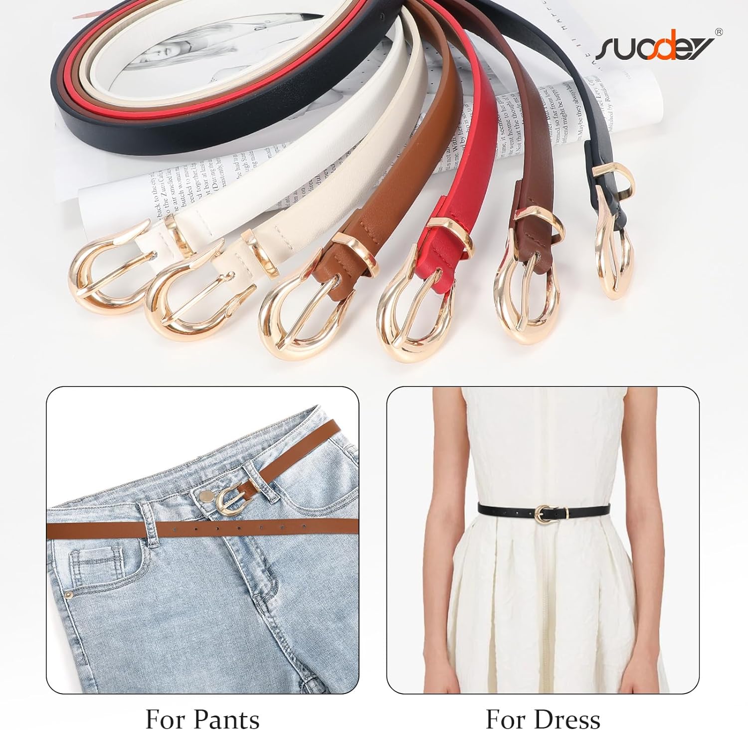 2 Pack Women Skinny Belt Thin Waist Belt with Fashion Gold 