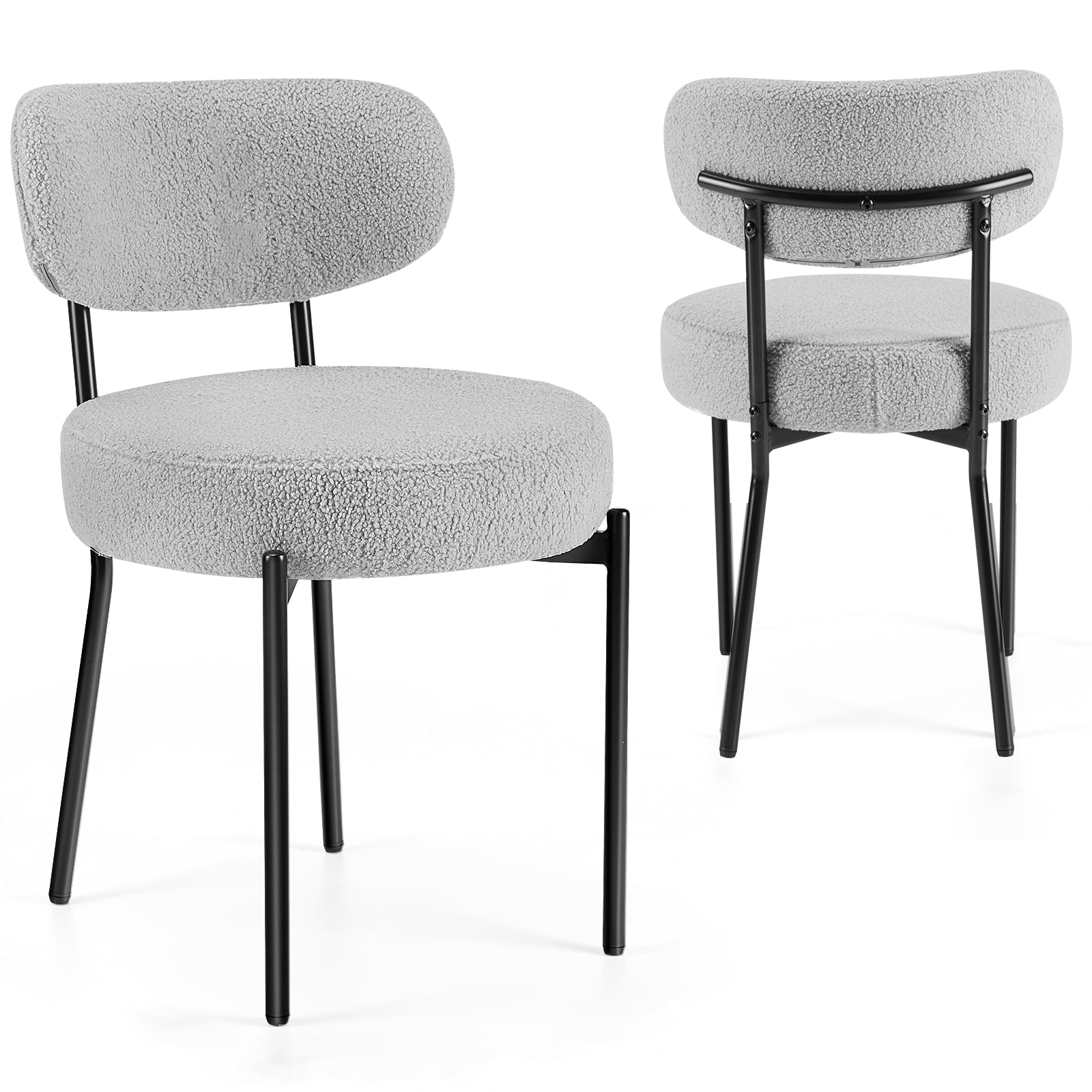 GIANNA Dining Chairs, Boucle Upholstered Kitchen Chairs, Curved Backrest & Metal Legs, Grey, 2 Packs