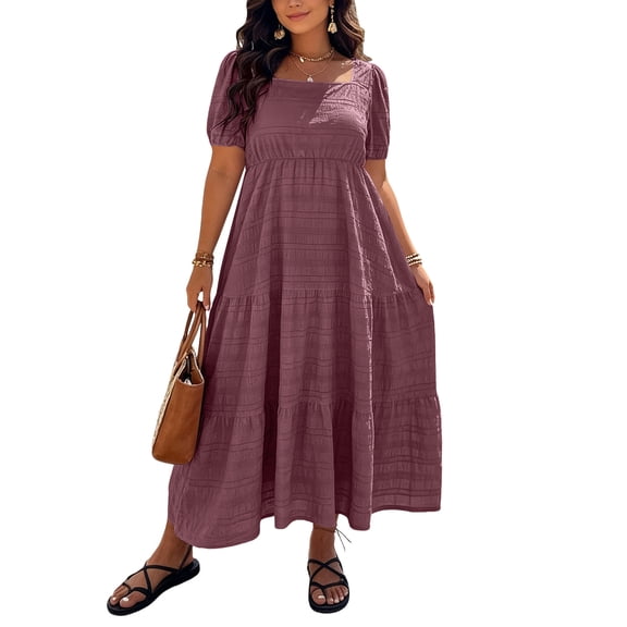 Guieoi Womens Dresses Plus Size Plus Size Solid Color Square Neck Short-Sleeve Waist-Cinched Layered Ankle-Length Dress Red XL