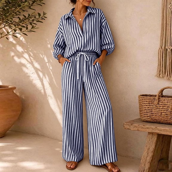 Womens 2 Piece Fall Striped Set 3/4 Sleeve V Neck Stand Up Collar Button Down Tops Elastic Drawstring Waist Wide Leg Pants Trendy Casual Outfit Navy XXXL