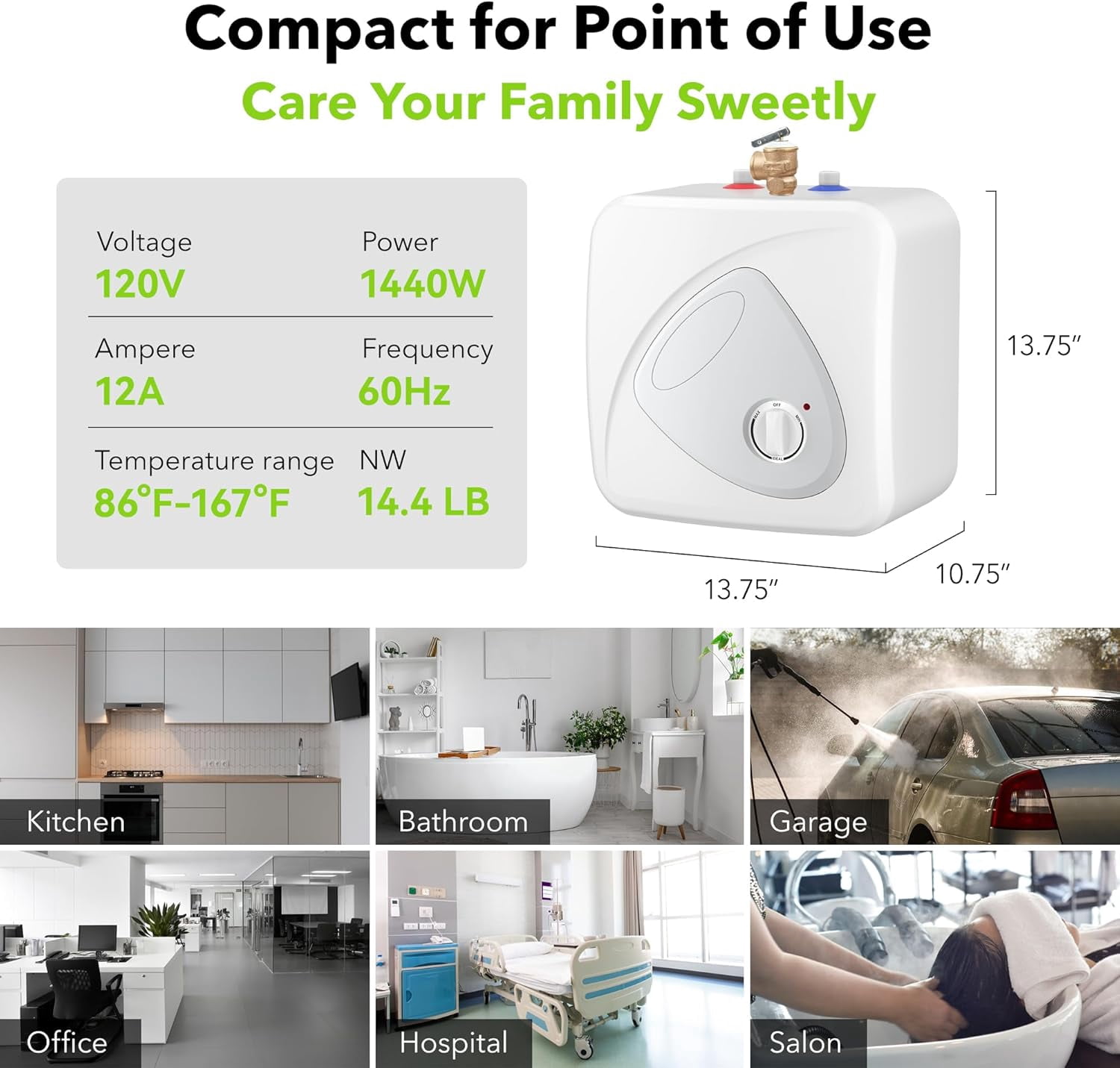 BN-LINK Electric Mini-Tank Water Heater - 2.7 Gallon Small Under Sink Instant Hot Water Heater, 120V 1440W Point of Use Compact Tank for Kitchen, Bathroom, Restaurant - Shelf, Wall, or Floor Mounted