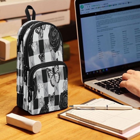 Backpack Pencil Case, 3 Compartment Large Capacity Oxford Fabric Pencil Pouch / Rose Checkered Pattern