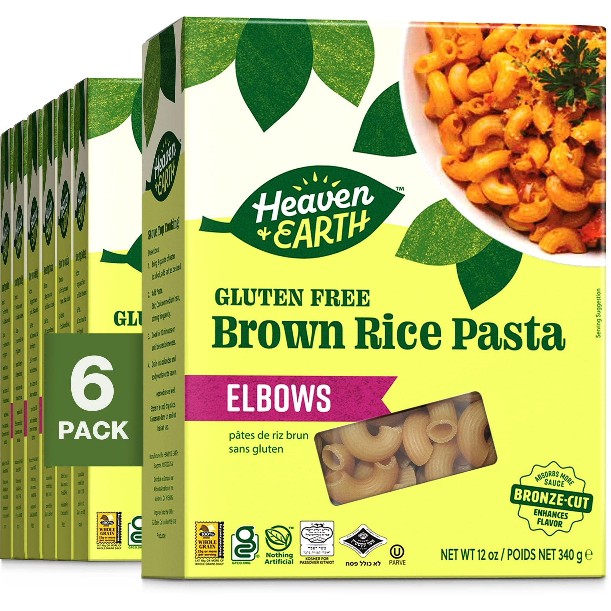 Heaven & Earth Brown Rice Pasta Gluten-Free Elbow Pasta 12oz (6 Pack) | Whole Grain Gluten-Free Pasta