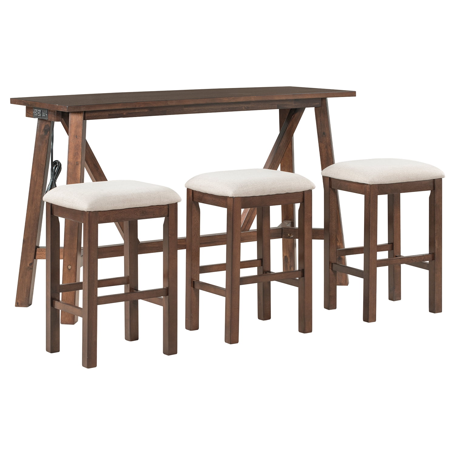 Kadyn Multipurpose Home Kitchen Dining Bar Table Set, Rubberwood Top Pub Table & Chair Set with 3 Upholstered Stools, Dining Table Set for 3, Walnut Kadyn Multipurpose Home Kitchen Dining Bar Table Set, Rubberwood Top Pub Table & Chair Set with 3 Upholstered Stools, Dining Table Set for 3, Walnut