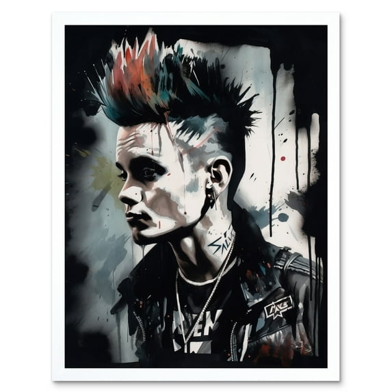 Punk Rock Music Fashion Young Man with a Mohawk Modern Watercolour Painting Art Print Framed Poster Wall Decor 12x16 inch
