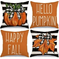 Fall Decorative Throw Pillow Covers 20 x 20 Set of 4, Stripes Hello Pumpkin Happy Fall Decor Outdoor Farmhouse Pillow Cases for Home Couch (Orange Color) G338-20