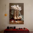 thumbnail image 2 of 1pc Western - style Cowboy Boots Filled with White Flowers Framed Decor room hanging Wall Picture Decor for Home Gifts, living room, bathroom, bedroom, kitchen wall art decor canvas wall art, 2 of 8