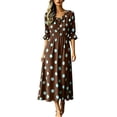 thumbnail image 2 of Dolkfu Keyhole Neck Women'S Fall Winter Dresses Waist Cinched Brown 3/4 Sleeve Long-Length Fit & Flare Dresses Vacation Polka Dot Relaxed Fit Brown,L, 2 of 5