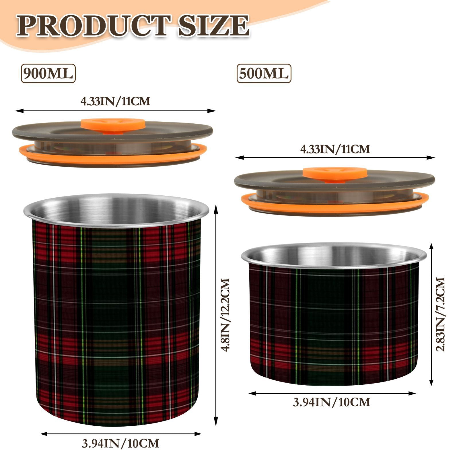 Green and Red Tartan Plaid Airtight Coffee Bean Canister 30oz Food Storage Containers with Lids For Gournd, Tea, Sugar, Flour, Rice, Cereal, Candy Cookie Jar