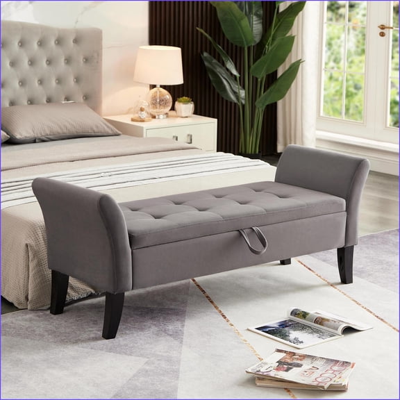 Bed Bench | 51.5” Modern Tufted Light Gray Velvet | Storage, Solid Wood Legs | for Bedroom/Living Room/Hallway | Light Gray | Velvet