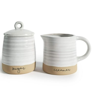 Barnyard Designs Ceramic Stoneware Sugar Creamer Set, 11oz Creamer Pitcher and Sugar Bowl with Lid, Vintage Farmhouse Sugar Creamer Dispenser Container Holder, Sugar Cube Dish Coffee or Tea, Ivory/Tan