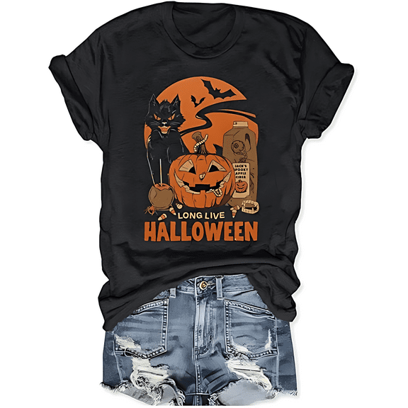 Black Cat Pumpkin Print Halloween Shirt Short Sleeve Shirt for Women