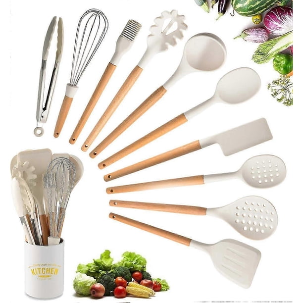 Silicone Kitchen Utensil Set, Kitchen Utensils 10 Pcs Cooking Utensils Set with Storage Bucket, Wooden Handles Cooking Tools Colander Tongs Spatula Sp