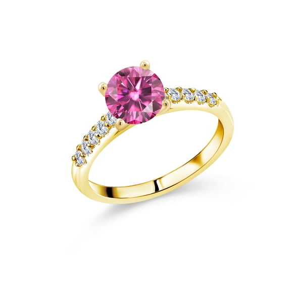 Gem Stone King 10K Yellow Gold Ring Round Pink Moissanite and Lab Grown Diamond (1.40 Cttw, Size 6)