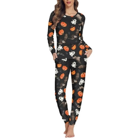 

Binienty Women Nightwear Pajama Sets Ghost Pumpkin Bats Print Halloween 2PCS Trendy Pullover Tops with Jogger Sweatpants Snug-Fit 2 Piece Outfits Durable Elastic Soft Jogger Yoga Sleep Clothing XS