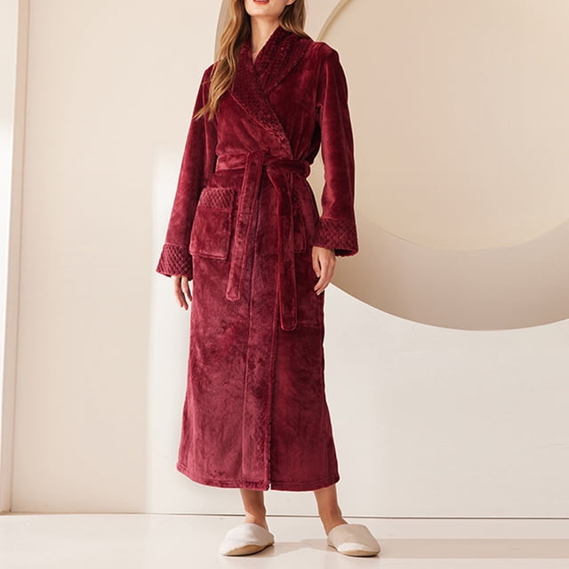 RXIRUCGD Peignoir Long pour Femme à Col Épaissi, Col Confortable, Robe de Nuit, Tenue d'Intérieur ( Vin, Taille : M )