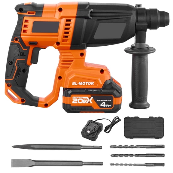 KFFKFF Cordless Rotary Hammer Drill, 7/8 in SDS-Plus, 20V Battery Operated, Brushless Motor, Includes Battery, Charger, 3 Drill Bits, Flat & Pointed Chisels, Carrying Case, Suitable for Concrete