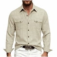 thumbnail image 2 of Yaoyar Men's Pure Color Double Pocket Cotton Linen Long Sleeve Lapel Shirt Casual Dailywear Cargo Shirts, 2 of 7