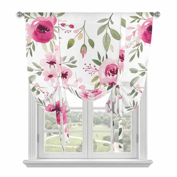 Pink Roses Tie Up Curtains for Windows, Adjustable Balloon Window Shades, Romantic Flowers Leaves Vintage Country Kitchen Window Treatments Adjustable Roll Up Curtain for Basement/Nursery 52"x45"